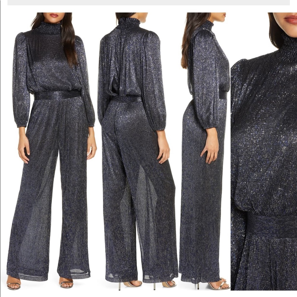 Eliza J Glitter Long Sleeve smocked Jumpsuit